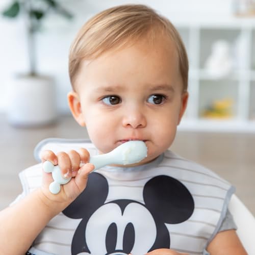 Bumkins Disney Baby and Toddler Plate and Spoon Set, Silicone Dish for Babies and Kids, Baby Led Weaning, Children Feeding Supplies, Microwave Safe, Platinum Silicone, Ages 6 Months Up, Mickey Mouse