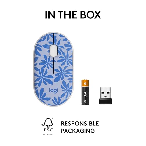 Logitech M340 Wireless Mouse with Limited Edition Prints, USB Receiver and Silent Clicks, Portable Wireless Mouse for Laptop, PC, Windows, Chrome, Surface – Blue Floral