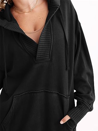 Fisoew Womens Casual Oversized Hoodies V Neck Long Sleeve Loose Pullovers Hooded Sweatshirts Tops Active Hoodie Light Grey