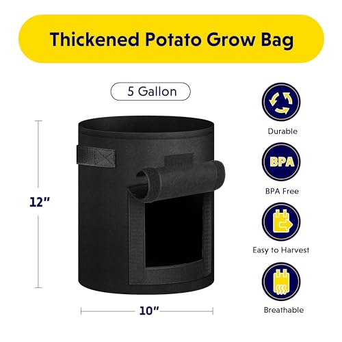 iPower GLGROWBAGWINDOW5X5X2 10-Pack 5-Gallon Potato Grow Bags Pots with Handle, Thickened Non-Woven Aeration Fabric Container, Access, 5 Gallon, Flap and Visualization Window, Easy to Harvest