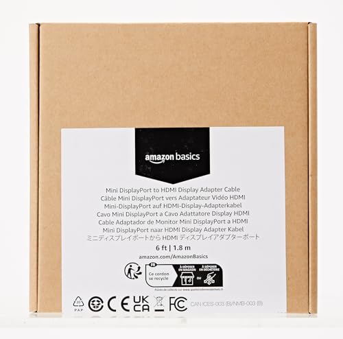 Amazon Basics Mini DisplayPort Male to HDMI Male Cable, 1080p, Gold-Plated Plugs, 6 Foot, Black for Personal Computer