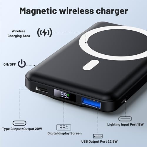 AOGUERBE for Magsafe Battery Pack, 10000mAh Magnetic Power Bank 15W Wireless Portable Charger, LED Display & Foldable Stand & Lighting Input, Slim Magnetic Charger for iPhone 16/15/14/13/12 Series