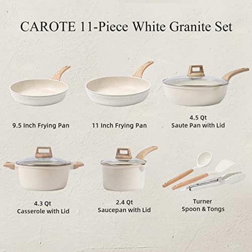 CAROTE Pots and Pans Set Nonstick, White Granite Induction Kitchen Cookware Sets, 11 Pcs Non Stick Cooking Set w/Frying Pans & Saucepans(PFOS, PFOA Free)