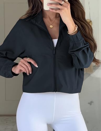 UANEO Womens Athletic Cropped Jacket Zip Up Long Sleeve Workout Tops Gym Yoga Running Sports Shirts Jackets(Black-XS)