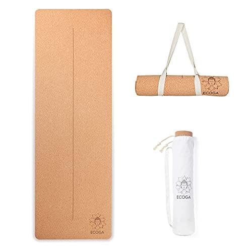 ECOGA Premium Cork Yoga Mat With Alignment Marks - 5mm Thick Hot Yoga Mat Non Slip with Natural Rubber Base - Eco-friendly Non Toxic Yoga Mat for Gym & Stretching - Includes Yoga Mat Strap and Bag