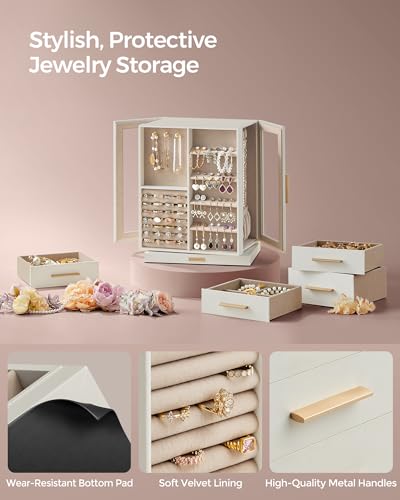 SONGMICS Jewelry Box 360° Rotating, Jewelry Storage Case with 5 Drawers, Jewelry Organizer, Glass Window, Spacious, Vertical Jewelry Storage, Open Design, Great Gift, Cloud White UJBC170W01