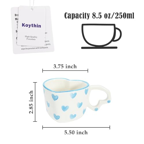 Koythin Ceramic Coffee Mug, Cute Creative Heart Handle Mug Design for Office and Home, Dishwasher and Microwave Safe, 8.5 oz/250 ml for Latte Tea Milk (Blue Heart)