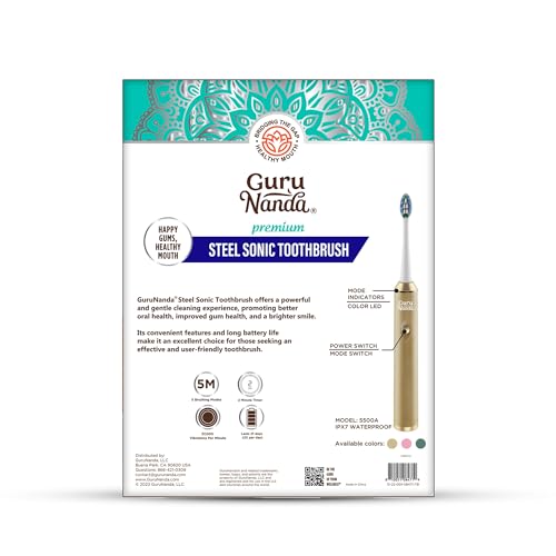 GuruNanda Steel Sonic Toothbrush - Rechargeable, 5 Modes, 2 Min Smart Timer & Replacement Brush Heads - Gold