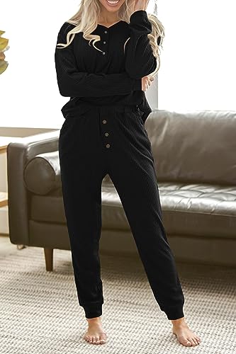 PRETTYGARDEN Women's 2 Piece Waffle Knit Lounge Outfit Long Sleeve Henley Top and Sweatpants Set Tracksuit (Black,Small)