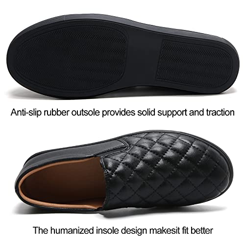 Womens Loafers Slip On Shoes Quilted Leather Comfort Memory Foam Non Slip Work Shoes Soft Casual Driving Flat Sneaker Ladies All Black US 6.5