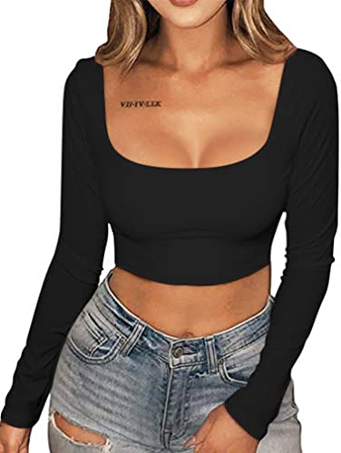 XXTAXN Women's Sexy Bodycon Fitted Square Neck Long Sleeve Basic T-Shirt Crop Top Black