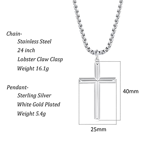 FANCIME White Gold Plated 925 Sterling Silver Edgy Gothic Cross Pendant Necklace With Steel Box Long Chain Christmas Gifts for Him Men, Women 23.6-INCH