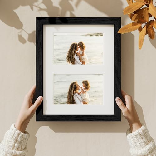 Vittanly 8x10 Collage Picture Frame, Displays 2Pcs 4x6 Pictures with Mat or 1Pcs 8x10 without Mat, Photo Frame for Wall Mounting or Table Top with Stand, Black, 1 Pack