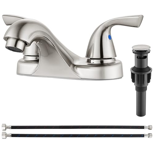 Aolemi Bathroom Faucets Arc 4 Inch Centerset Bathroom Sink Faucet Double Handle Vanity Faucet with Pop Up Drain Assembly and Supply Lines,Brushed Nickel