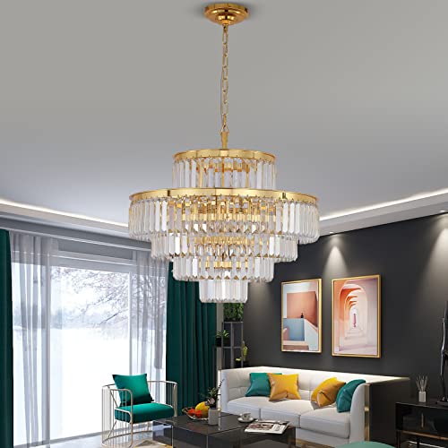 Lt-vt Gold Modern Style Crystal Chandeliers & LightsRound Hanging Classic, Pendant Ceiling Chandelier Lighting Fixture 5-Tier for Dining Room Living Room(Golden Orange,24 inch)