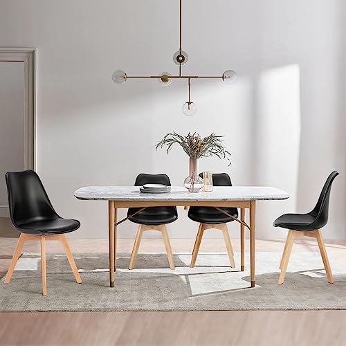 Sweetcrispy Dining Chairs, Dining Chairs Set of 4, Dining Room Chairs, Kitchen Chairs, Mid Century Modern Chairs, PU Leather Upholstered Chairs with Wood Legs, Kitchen & Dining Room Chairs, Black