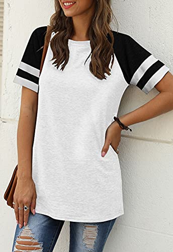 Adibosy Women Summer Casual Shirts: Short Sleeve Striped Tunic Tops - Ladies Loose Crew Neck Tee Tshirt Blouses White L