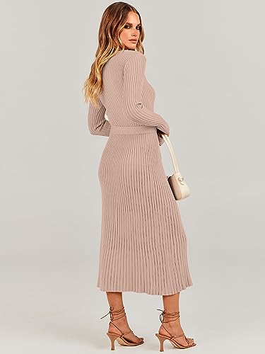 ANRABESS Women Long Sleeve V Neck A-line Tie Waist Slim Fit Ribbed Knit Bodycon Midi Sweater Dress 2024 Fall Trendy Outfits Wine Red Medium