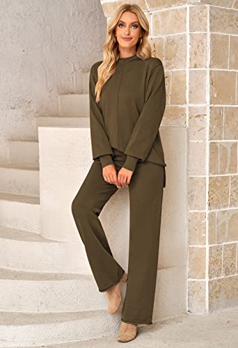 Fixmatti Women Knitted Outfits High Neck Sweater Wide Leg Pant Set 2 Pieces Sweatsuit (Y-Khaki, Large)