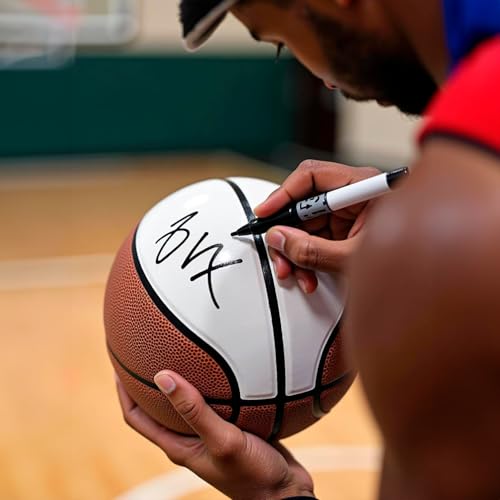 Autograph Blank Regulation Size Basketball with Base | Official Size 7 | Basketball Trophy for Signing with Two Large White and 6 Brown Panels