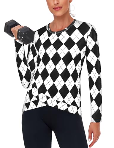 LURANEE Athletic Wear Women,Long Sleeve Workout Tops Cross Hem Quick Dry Athletic Running Yoga T-Shirts Black White Argyle S