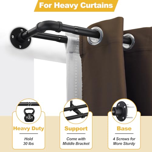 Double Curtain Rods for Windows 28 to 48 Inch Industrial 1 Inch Heavy Duty Dual Black Curtain Rods Set Adjustable Blackout Telescoping Double Wrap Around Curtain Rods for Indoor and Outdoor