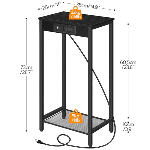 HOOBRO Tall Side Table with Charging Station, 28.7" H Industrial Telephone End Table, Small Entryway Table, Tall Bedside Table for Living Room, Hallway, Bedroom, Office, Black BB08UDH01