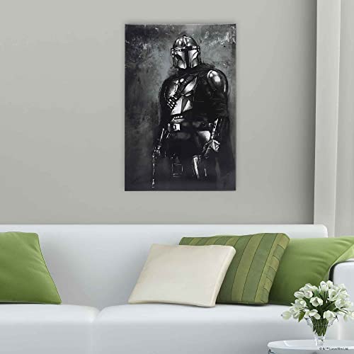 Open Road Brands Disney Star Wars Mandalorian Gallery Wrapped Canvas Wall Decor - Black and White Mandalorian Painting for Man Cave or Movie Room