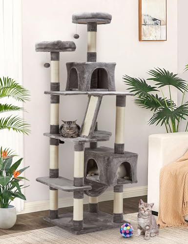 Small Cat Tree Tower, 27.5" Tall Natural Sisal Cat Tree, Double Base Cat Scratching Post with Cat Self Groomer Brush, Soft Plush Cat Perch Bed with Dangling Ball for Indoor Kittens, Colorful Cat Tree