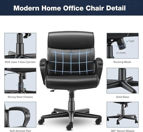 OLIXIS Executive Office Chair with Padded Armrests Mid Back Lumbar Support and Adjustable Height & Tilt Angle, PU Leather Swivel Rolling, Modern Black