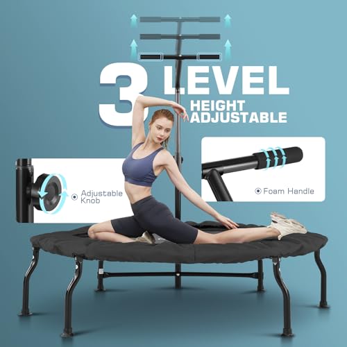 ANCHEER 40" Foldable Mini Trampoline Max Load 450lbs, Fitness Trampoline with Bungees, Adjustable Foam Handle, Indoor Exercise Trampoline for Adults Inoor/Garden Workout (Blue 50'')