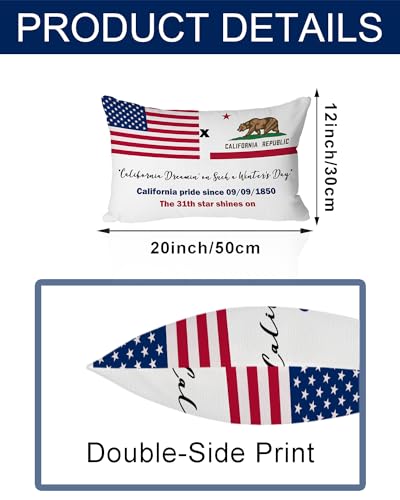 4th of July California Pillow Cover 12x20 - Patriotic Golden Bear on State Flag Design, Celebrates American Independence, Perfect for Memorial Day, California Dreamin' Home Decor