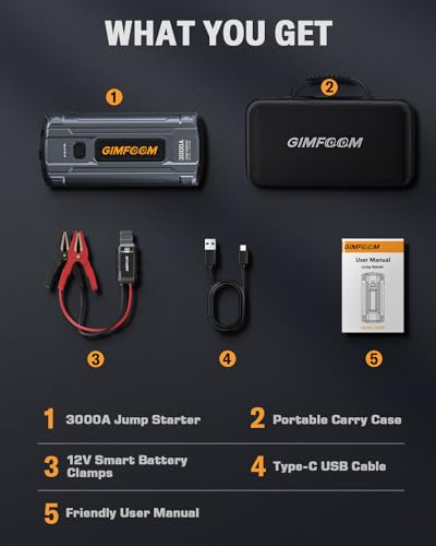 Car Jump Starter, 3000A Jump Starter Battery Pack for Up to 9.0L Gas or 7.5L Diesel Engine, 12V Car Battery Jump Starter, Jump Box with LED Light, Storage Case, and Dual USB Output.