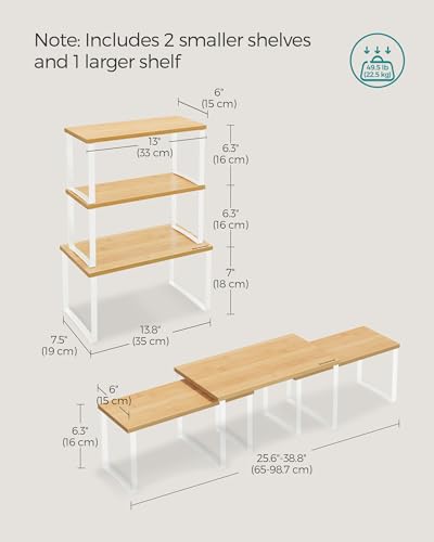 SONGMICS Cabinet Organizer Shelf, Set of 3 Kitchen Counter Shelves, Corner Shelves, Kitchen Storage, Spice Rack, Stackable, Expandable, Metal and Bamboo, Cloud White and Natural Beige UKCS014W01