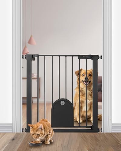 Newnice 26.7-29.5'' Narrow Baby Gate with Cat Door, Auto Close & Easy Walk Thru Dog Pet Gates for Stairs, Doorway, House, Pressure Mounted Safety Child Gate Includes 4 Wall Cups, NO Extensions, Black