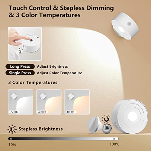 DEALGADGETS LED Wall Lights 2Pcs, Motion Sensor Light Indoor with Rechargeable Battery Operated, Dimmable & 3 Color Temperatures, 360° Rotation & Magnetic for Bedside, Hallway, Stair