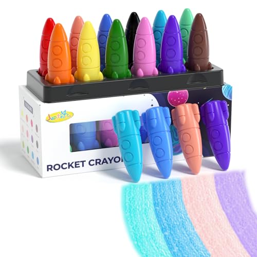 JUPITEARTH 12 Rocket Crayons, Non Toxic Washable Toddler Crayons, Rocket Crayons with Easy-to-hold for Toddlers, Crayons for Kids Art&School Supplies,Toddlers