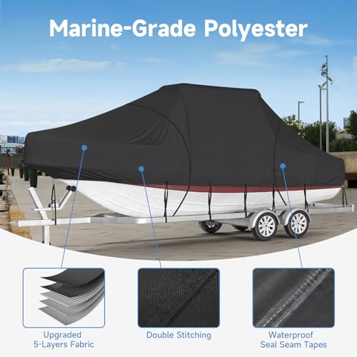 Pontoon Boat Cover, Fits 17-20 ft Pontoon and Flat Bottom Boats, Beamwidth Up to 102 Inch, Waterproof Marine Grade Polyester, Adjustable Straps and Storage Bag Included