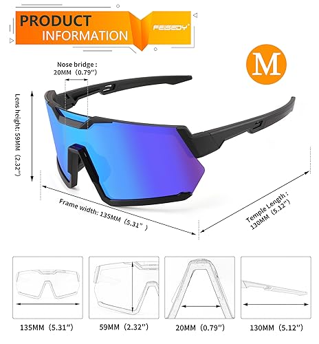 FEISEDY Men Women Cycling Sunglasses, with 3 Interchangeable Lenses, TR90 Sports Glasses Baseball for Youth Teens B4138