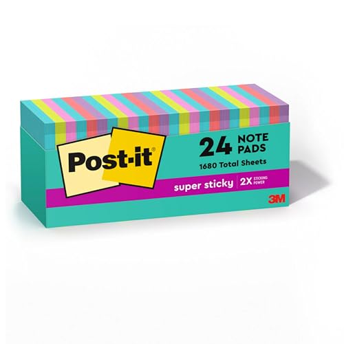 Post-it Super Sticky Notes, 76.2 mm x 76.2 mm, 24 Pads, 2x the Sticking Power, Supernova Neons, Bright Colors, Recyclable