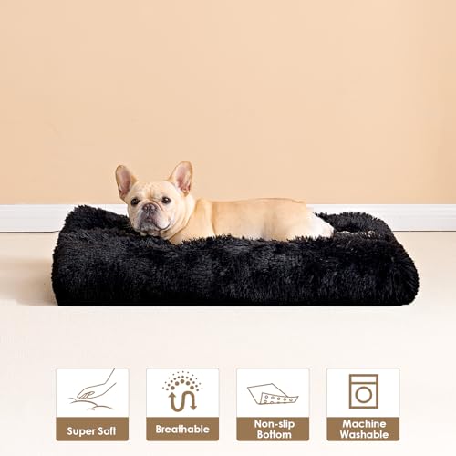 EHEYCIGA Fluffy Dog Crate Bed for Small Dogs, Plush Faux Fur Dog Crate Pad, Calming Anti Anxiety Small Dog Bed for Crate, Washable Soft Warm Dog Crate Mat with Non-Slip Bottom, Beige