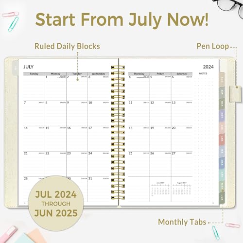 SUNEE 2024-2025 Weekly & Monthly Planner 6.4"x8.5" - 12 Month (July 2024 - June 2025), Vegan Leather Cover Planner Academic Year Calendar, Pocket, Notes, Monthly Tab, Brown