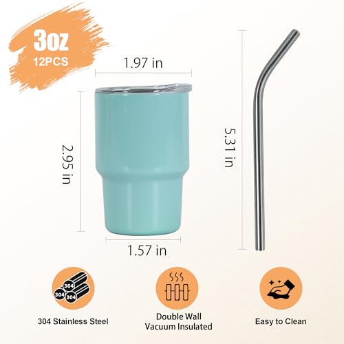 FECBK 3 oz Mini Tumbler Shot Glass with Straw and Lid 12 Pcs Sublimation Shot Glasses Tumblers Stainless Steel Mini Shot Glasses with Lids for Wedding Party Whiskey Cocktail Bar, Cyan