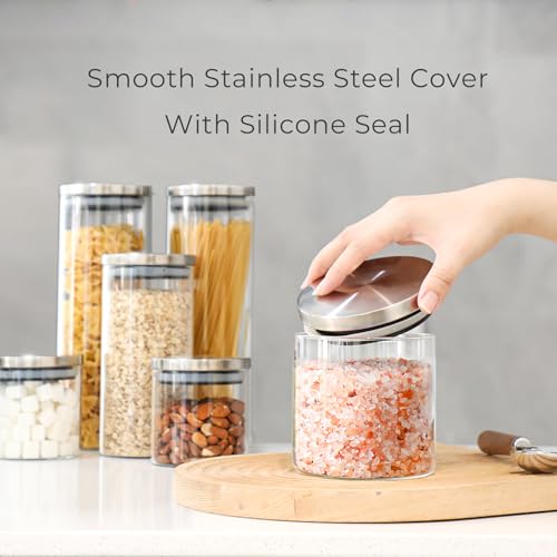 ComSaf Glass Food Storage Containers with Stainless Lids, Clear Glass Jar with Lid set of 6, Small Glass Containers with Lids, 20 OZ Glass Storage Jars for Spice, Sugar, Tea, Kitchen Canister Set