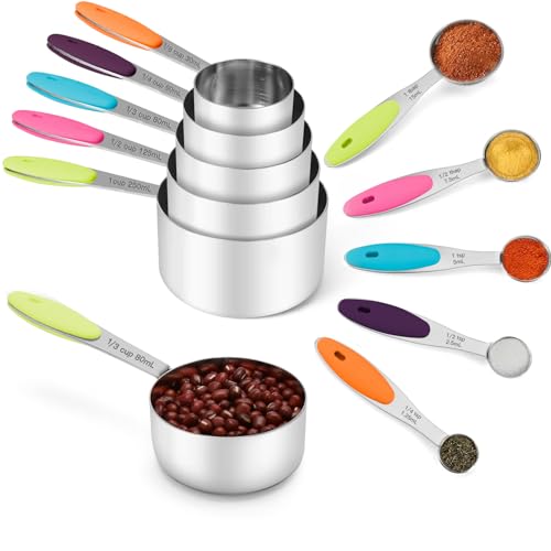 Joyhill Stainless Steel Measuring Cups and Spoons Set of 10 Piece, Nesting Metal Measuring Cups Set with Soft Touch Silicone Handles for Dry and Liquid Ingredients, Cooking & Baking (Colorful)