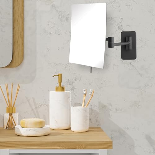 JERDON Wall Mount Makeup Mirror with 5X Magnification - 8.75” x 6.5” Rectangular Mirror Extends 14” – Black Finish – Model JP695BK
