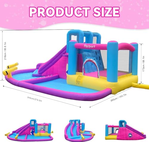 Inflatable Bounce House Water Slide Park, Double Slide Bouncer Castle with Climbing Wall, Bouncy Castle with 550W Air Blower for Indoor Outdoor Play Backyard