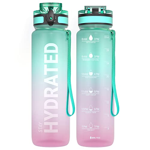 Sahara Sailor Water Bottles, 32oz Motivational Sports Water Bottle with Time Marker - Times to Drink - Tritan, BPA Free, Wide Mouth Leakproof, Fast Flow Technology with Clean Brush (1 Pack)