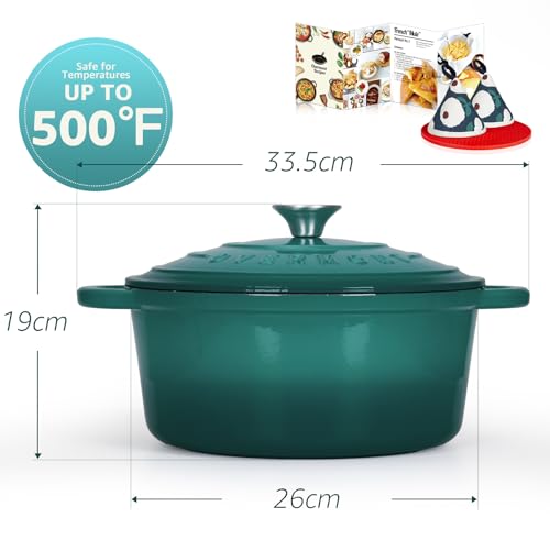 Overmont Enameled Cast Iron Dutch Oven - 4.5QT Pot with Lid Cookbook & Cotton Potholders - Heavy-Duty Cookware for Braising, Stews, Roasting, Bread Baking bottle green