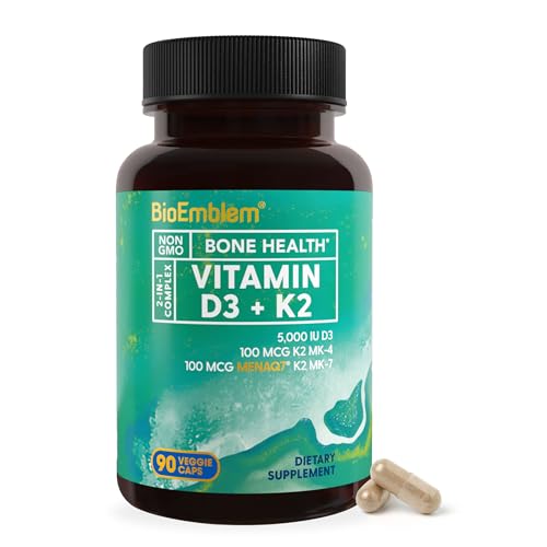 BioEmblem Vitamin D3 K2 Capsules (5000IU and 200mcg) - Patented MK7 and MK4 for 3-in-1 Complex Support - Vegetarian Vitamin D K2 Supplement for Teeth, Heart, Immune System - Non-GMO, 90 Caps